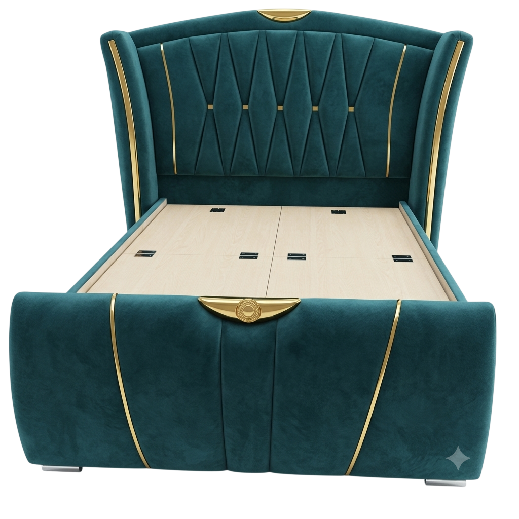 Teal velvet bed with gold trim, representative photo for Hanuman Furnitures