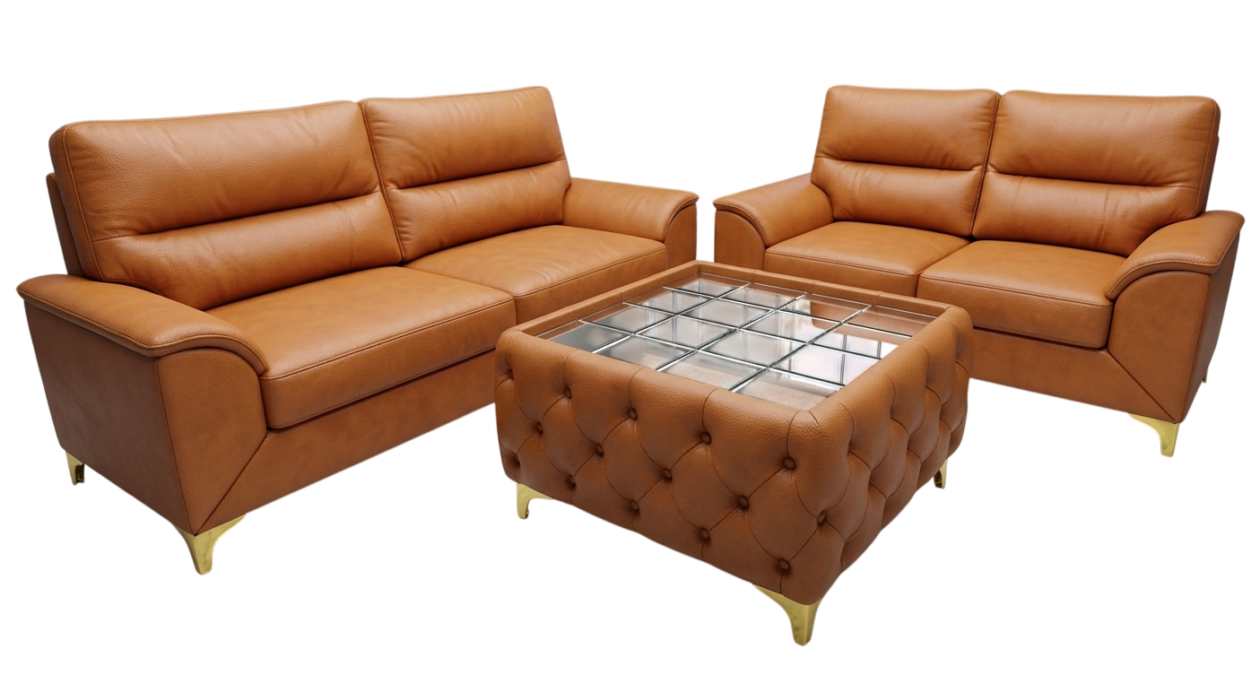 Tan leather sofa set with coffee table, representative photo for Hanuman Furnitures
