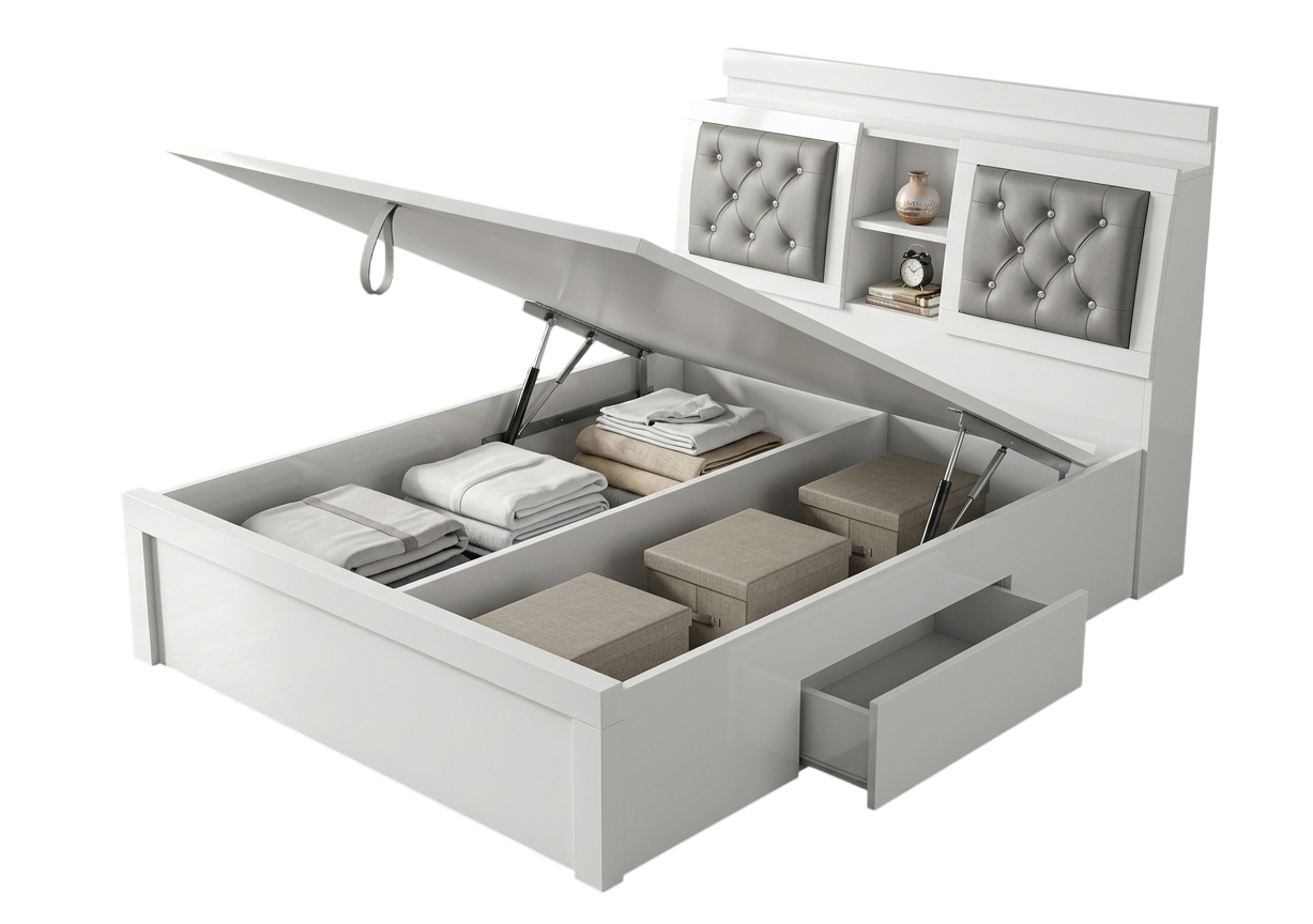 White tufted storage cot with gas-lift base, representative photo for Hanuman Furnitures